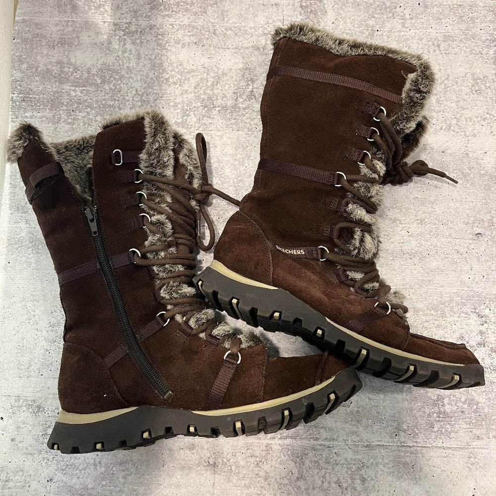SKETCHERS ‘Grand Jams’ Brown Suede Leather Fur Lined Lace Up Unlimited Boots
